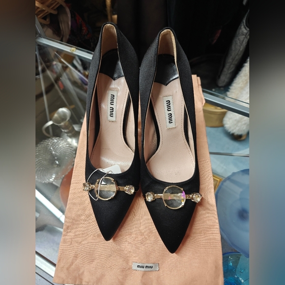 Miu Miu Black Satin Pumps 37.5 Gold and Gem Toe Ornaments EUC - Picture 9 of 11